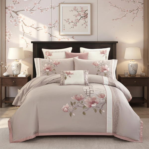 Sakura Embroidered Duvet Cover Set (Egyptian Cotton, 500 TC)