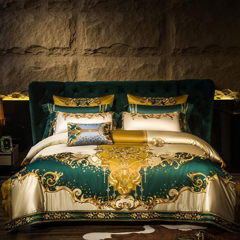 Gloria Royal Green And Gold Embroidered Duvet Cover Set