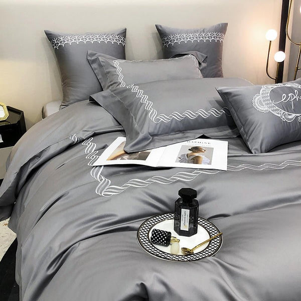 Links Embroidered Grey Duvet Cover Set (1000 TC)