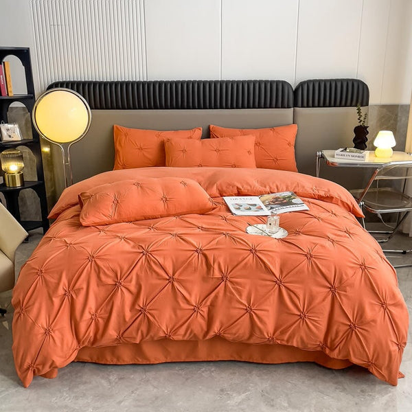 Pinch Pleated Orange 4 Piece Duvet Cover Set