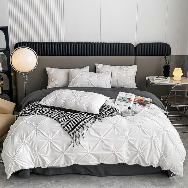 Pinch Pleated White/Grey 4 Piece Duvet Cover Set