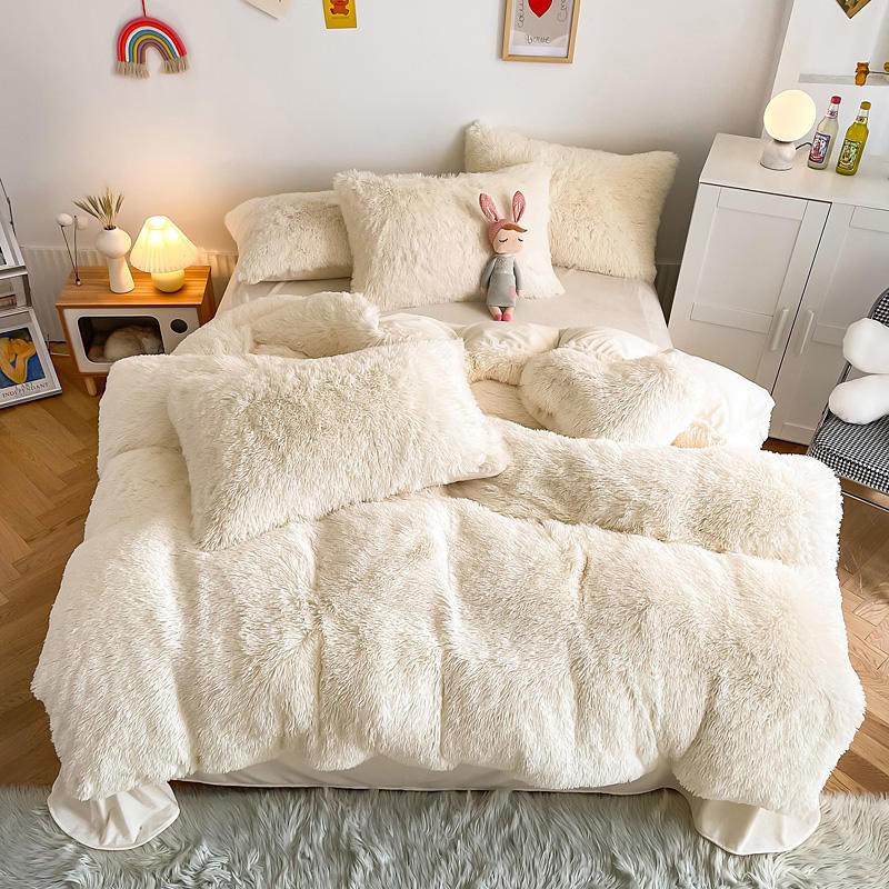 Hug and Snug Fluffy Cream Duvet Cover Set Bedding Luxxo Single Flat Sheet 4 Piece Set