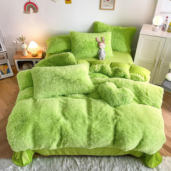 Hug and Snug Fluffy Green Duvet Cover Set Bedding Luxxo Single Flat Sheet 4 Piece Set