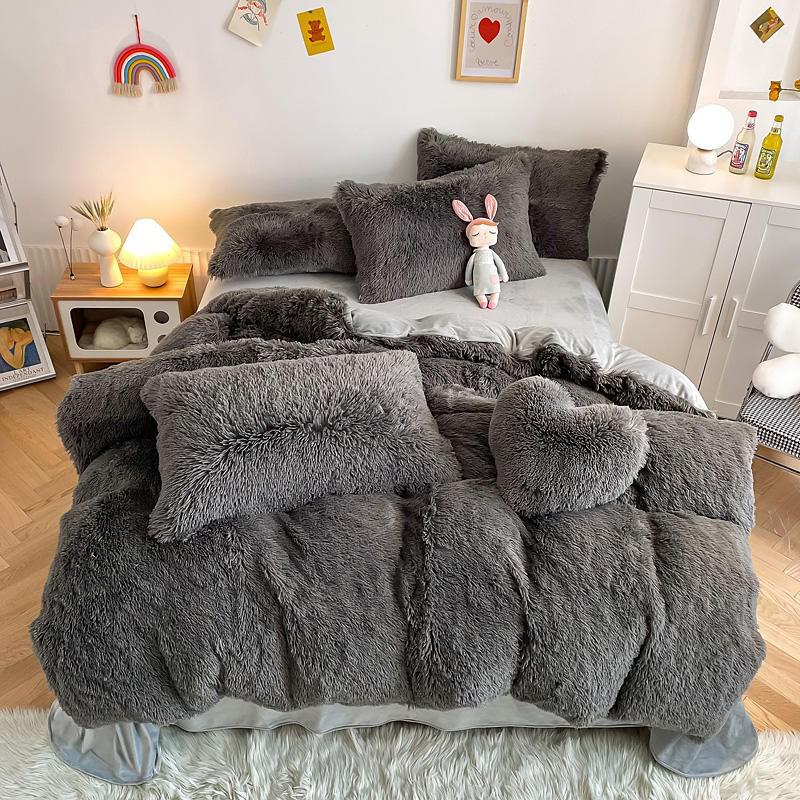 Hug and Snug Fluffy Grey Duvet Cover Set Bedding Luxxo Single Flat Sheet 4 Piece Set