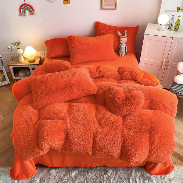 Hug and Snug Fluffy Orange Duvet Cover Set Bedding Luxxo Single Flat Sheet 4 Piece Set