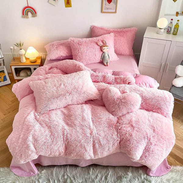 Hug and Snug Fluffy Pink Duvet Cover Set Bedding Luxxo Single Flat Sheet 4 Piece Set