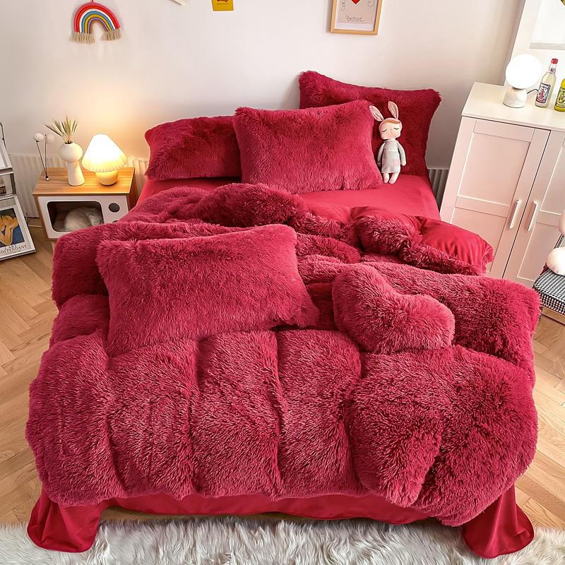 Hug and Snug Fluffy Red Duvet Cover Set Bedding Luxxo Single Flat Sheet 4 Piece Set