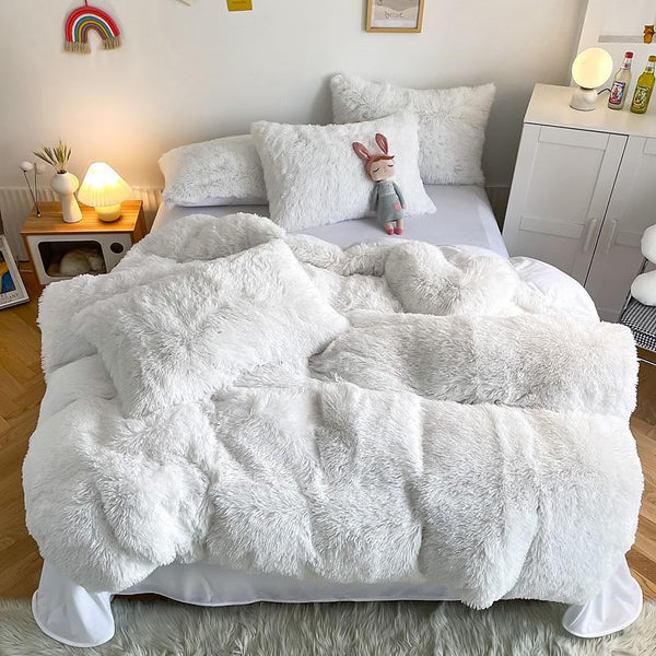 Hug and Snug Fluffy White Duvet Cover Set Bedding Luxxo Single Flat Sheet 4 Piece Set