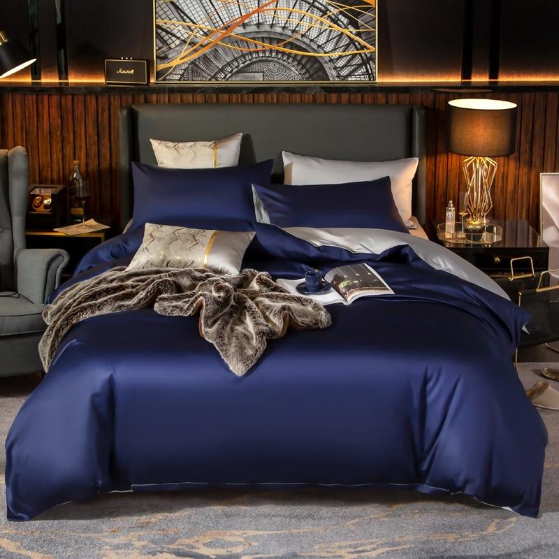 Reversible Dark Blue Duvet Cover Set (Egyptian Cotton, 600 TC) Bedding Luxxo Flat Bed Sheet 200 x 230 cm 