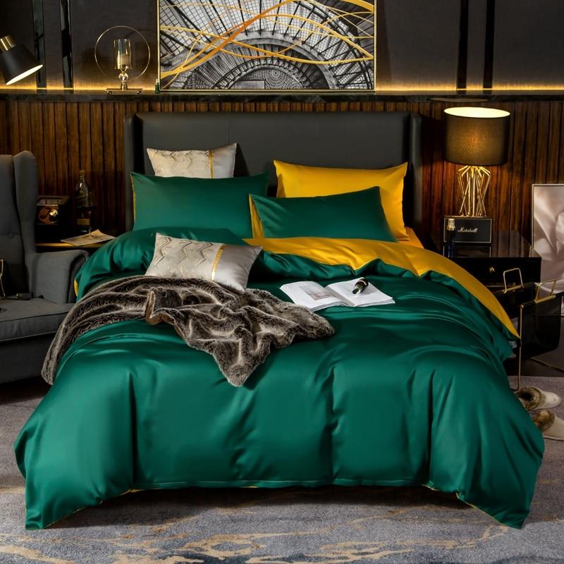 Reversible Green Duvet Cover Set (Egyptian Cotton, 600 TC) Bedding Luxxo Flat Bed Sheet 200 x 230 cm 