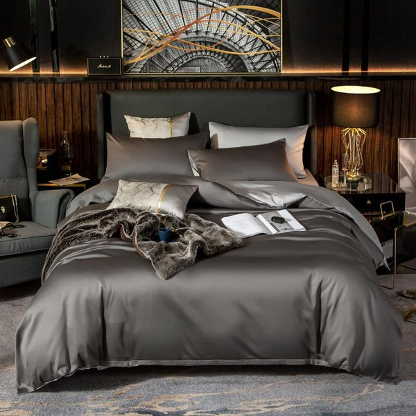 Reversible Grey Duvet Cover Set (Egyptian Cotton, 600 TC) Bedding Luxxo Flat Bed Sheet 200 x 230 cm 