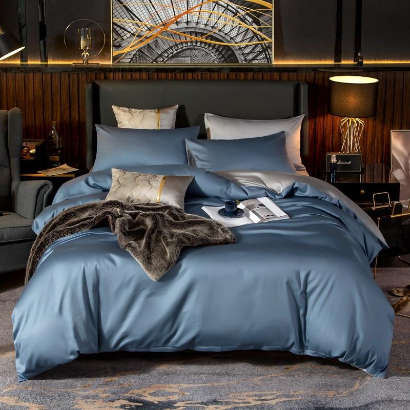 Reversible Light Blue Duvet Cover Set (Egyptian Cotton, 600 TC) Bedding Luxxo Flat Bed Sheet 200 x 230 cm 