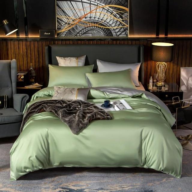 Reversible Light Green Duvet Cover Set (Egyptian Cotton, 600 TC) Bedding Luxxo Flat Bed Sheet 200 x 230 cm 