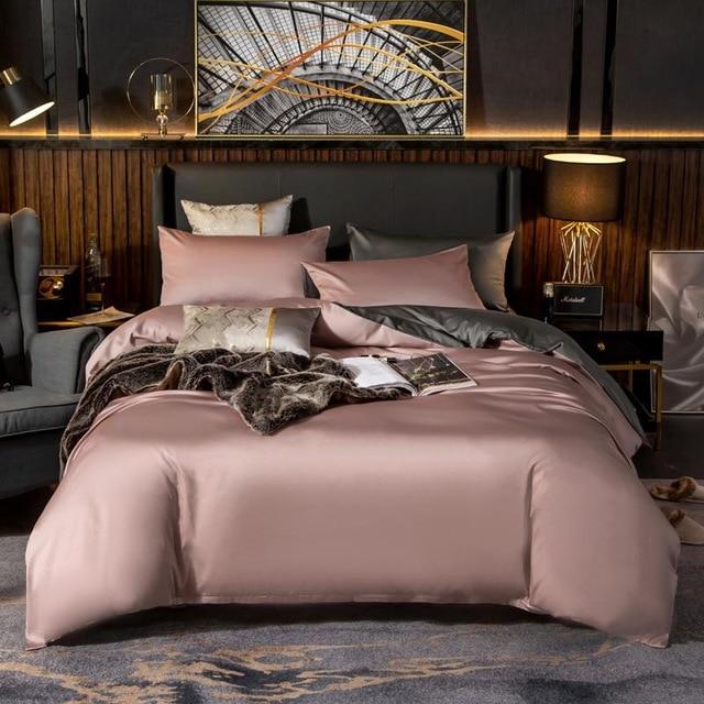 Reversible Light Pink Duvet Cover Set (Egyptian Cotton, 600 TC) Bedding Luxxo Flat Bed Sheet 200 x 230 cm 