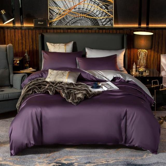 Reversible Violet Duvet Cover Set (Egyptian Cotton, 600 TC) Bedding Luxxo Flat Bed Sheet 200 x 230 cm 