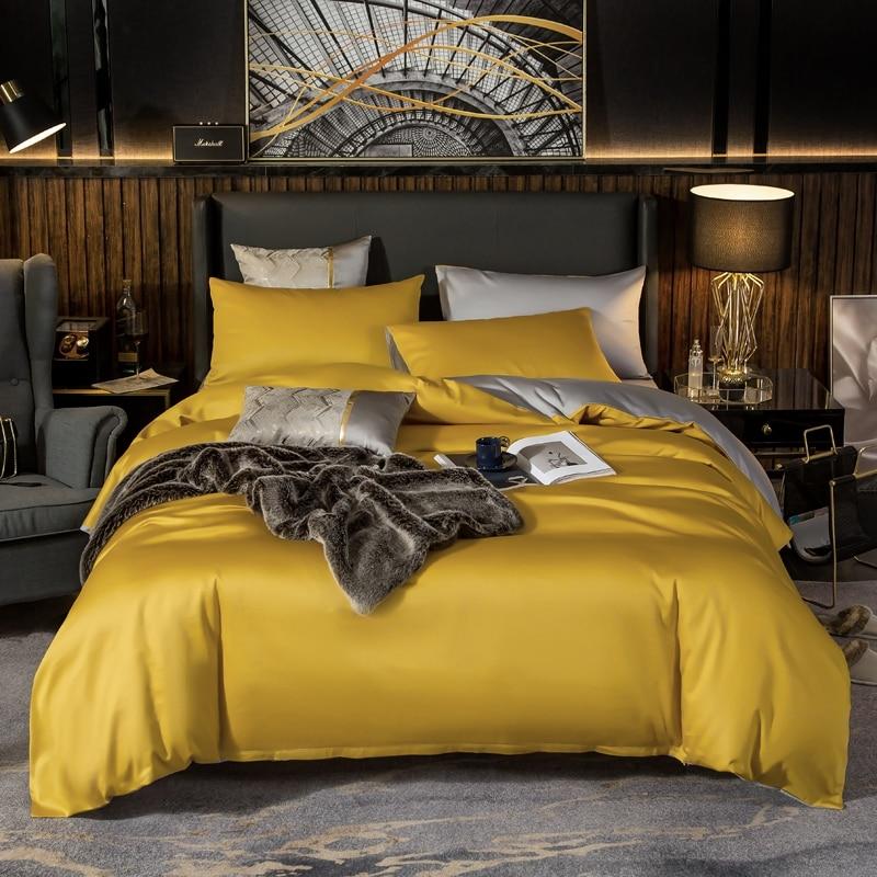 Reversible Yellow Duvet Cover Set (Egyptian Cotton, 600 TC) Bedding Luxxo Flat Bed Sheet 200 x 230 cm 