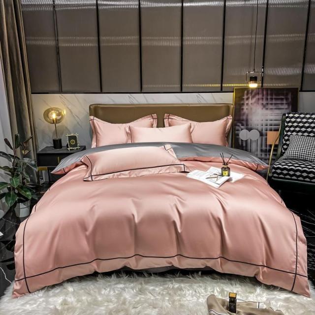 The Simple Embroidered Duvet Cover Set (Pink/Grey) Bedding Luxxo 200x230 cm Flat Sheet 4 Piece Set
